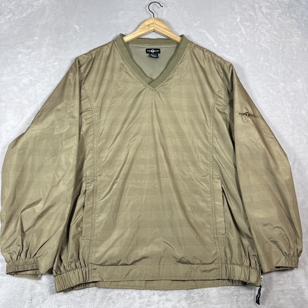 Top Flite Mens Windbreaker Golf Jacket V-Neck Glen Plaid Long Sleeve Khaki Large